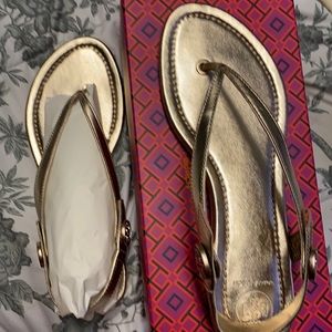Tory Burch Minnie Sandals in Metallic Rose Gold